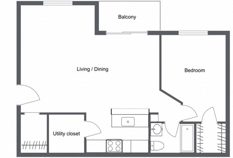 Floor plan for 1 bed, 1 bath, 682 sqft